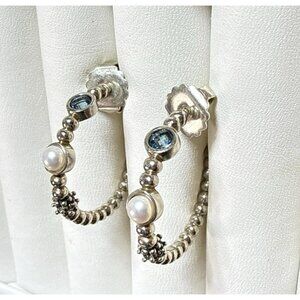 Michael Dawkins Hoop Earrings Blue Topaz Pearl Hoops 14K Posts Sterling Silver